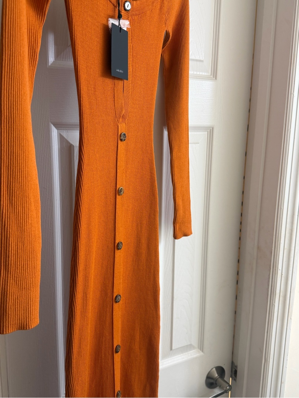 NBD Ribbed Button-Front Long Sleeve Dress - Orange